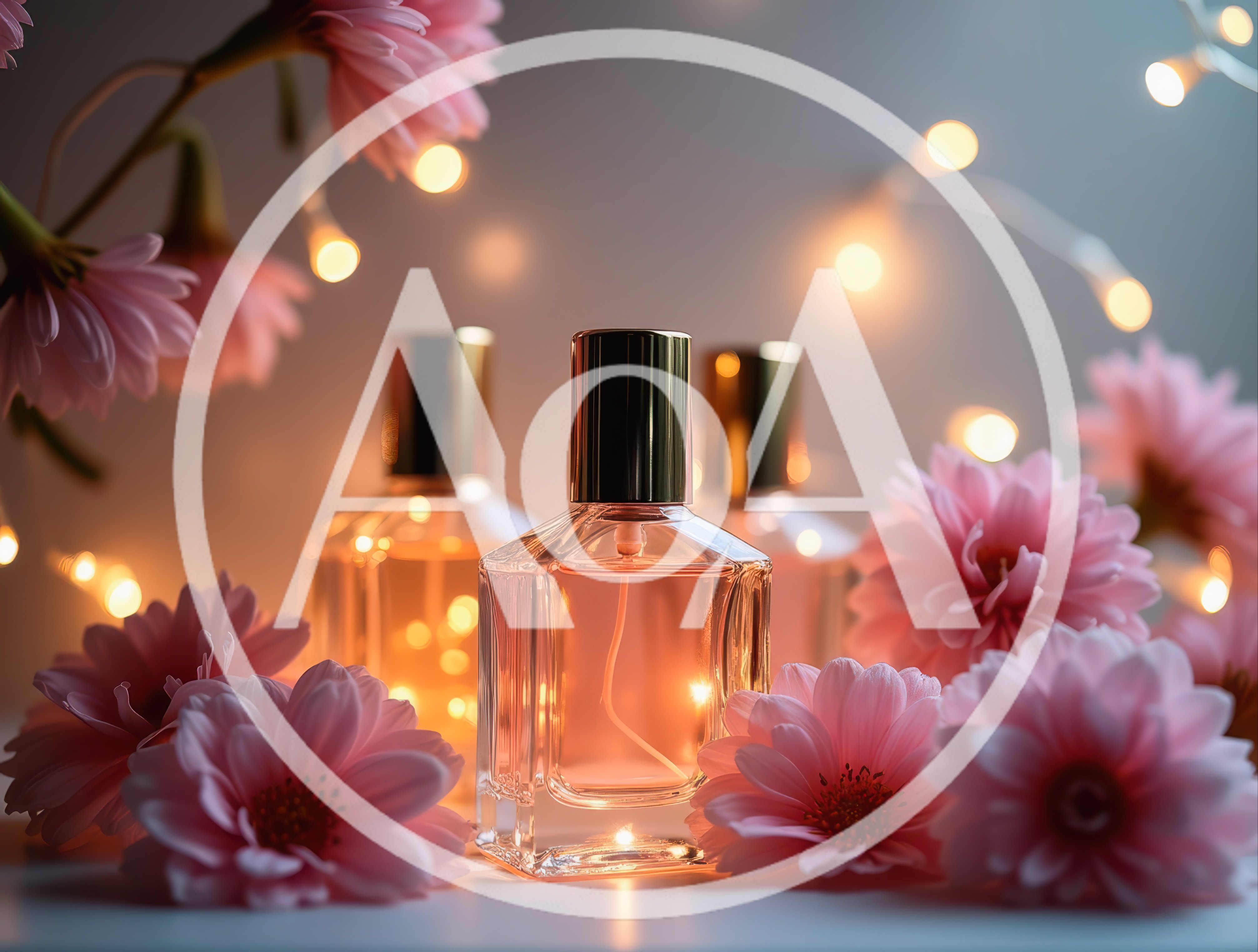 Perfume Bottles Surrounded By Pink Flowers And Fairy Lights