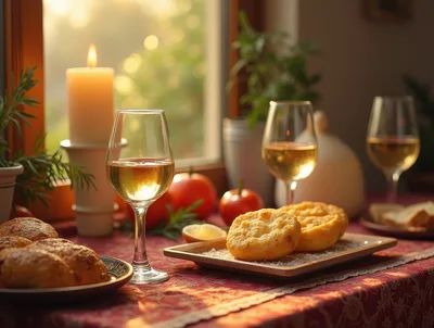 Romantic Dinner Setting With Wine And Fresh Bread