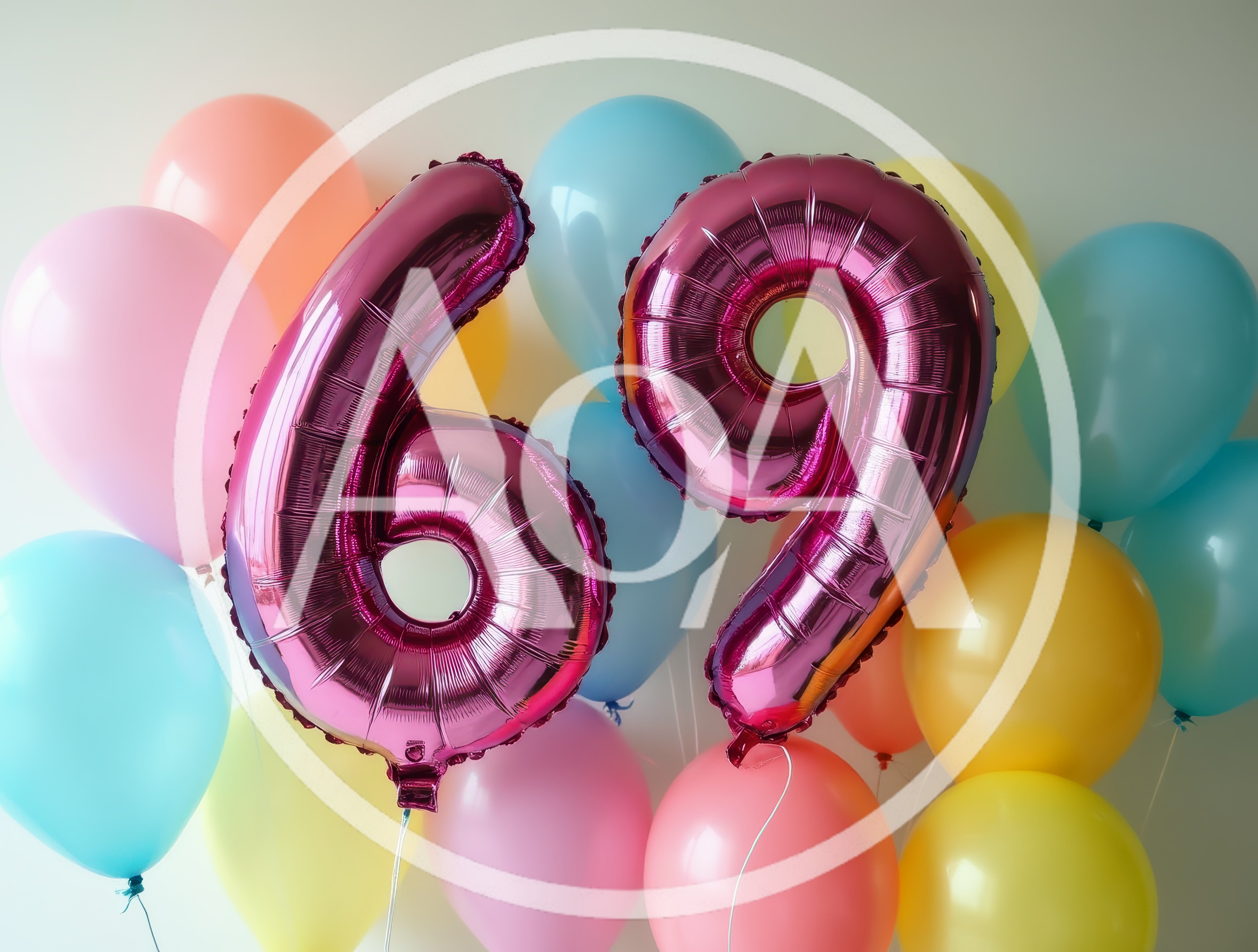 Pink Number Sixty Nine Foil Balloons With Colorful Balloons