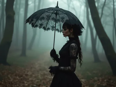 Gothic Woman Holding Lace Umbrella In Misty Forest