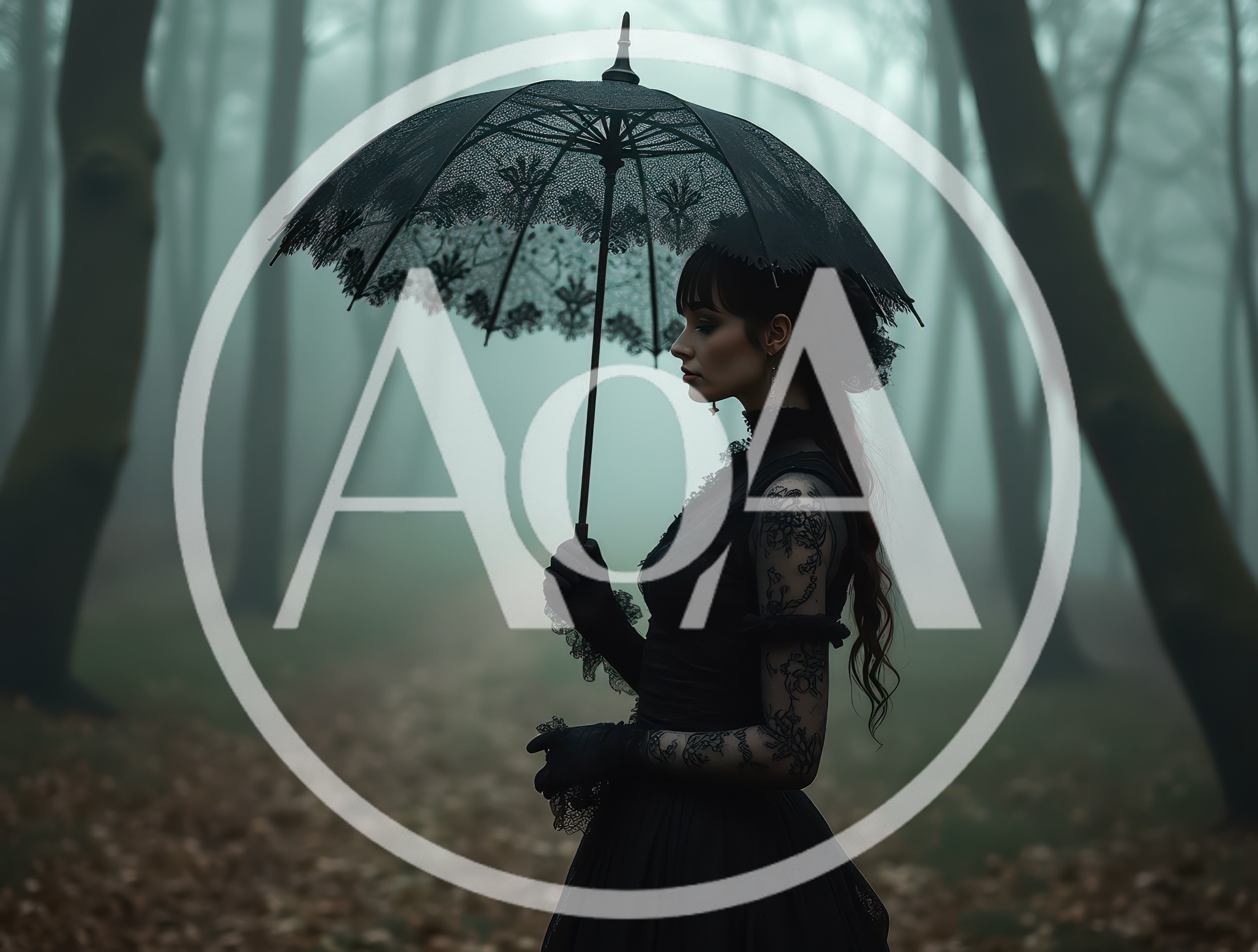 Gothic Woman Holding Lace Umbrella In Misty Forest