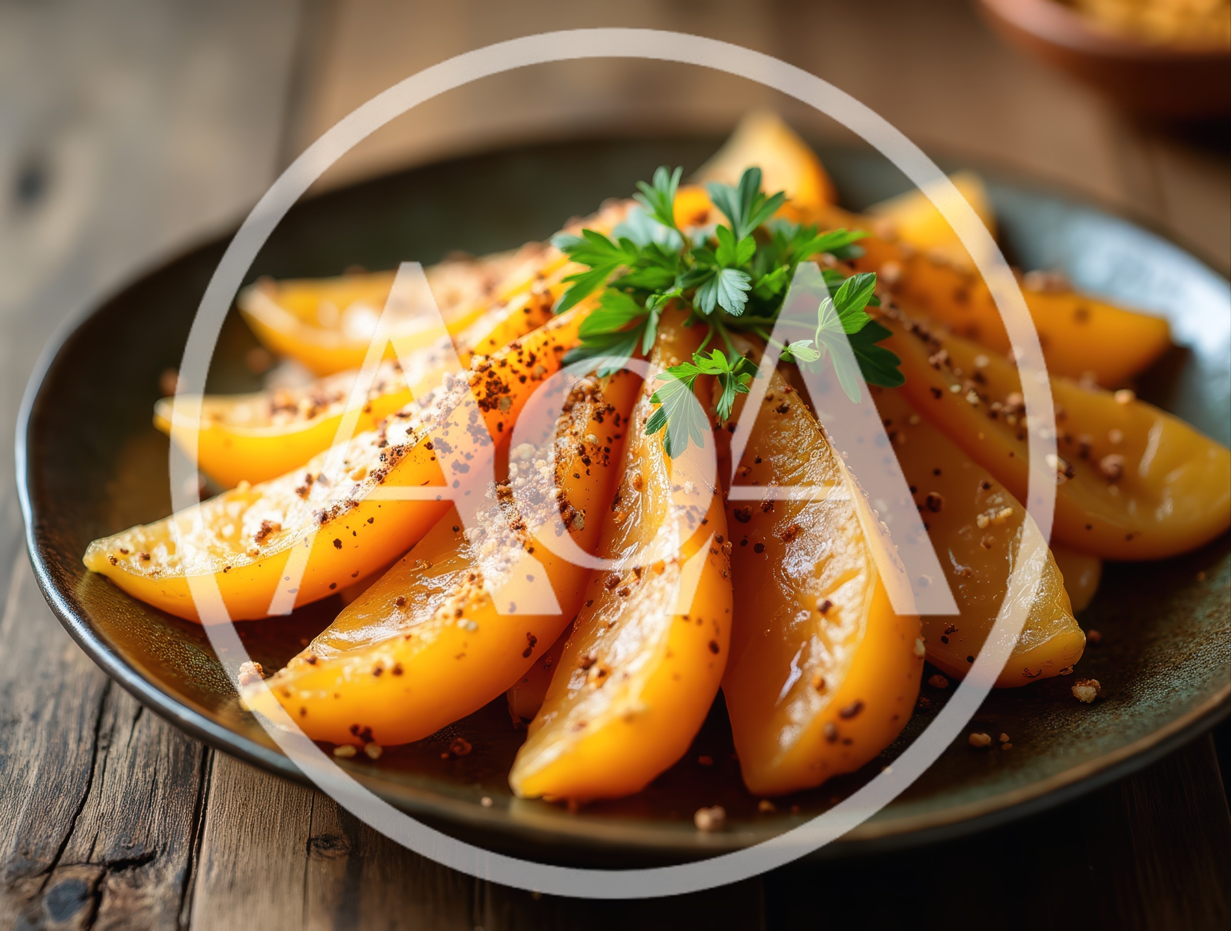 Slices Of Roasted Peaches On A Dark Plate