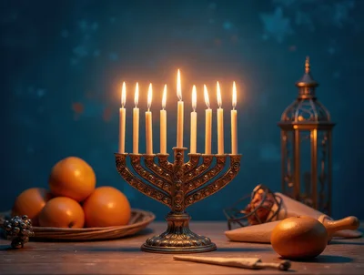 Lit Menorah With Oranges On A Wooden Table