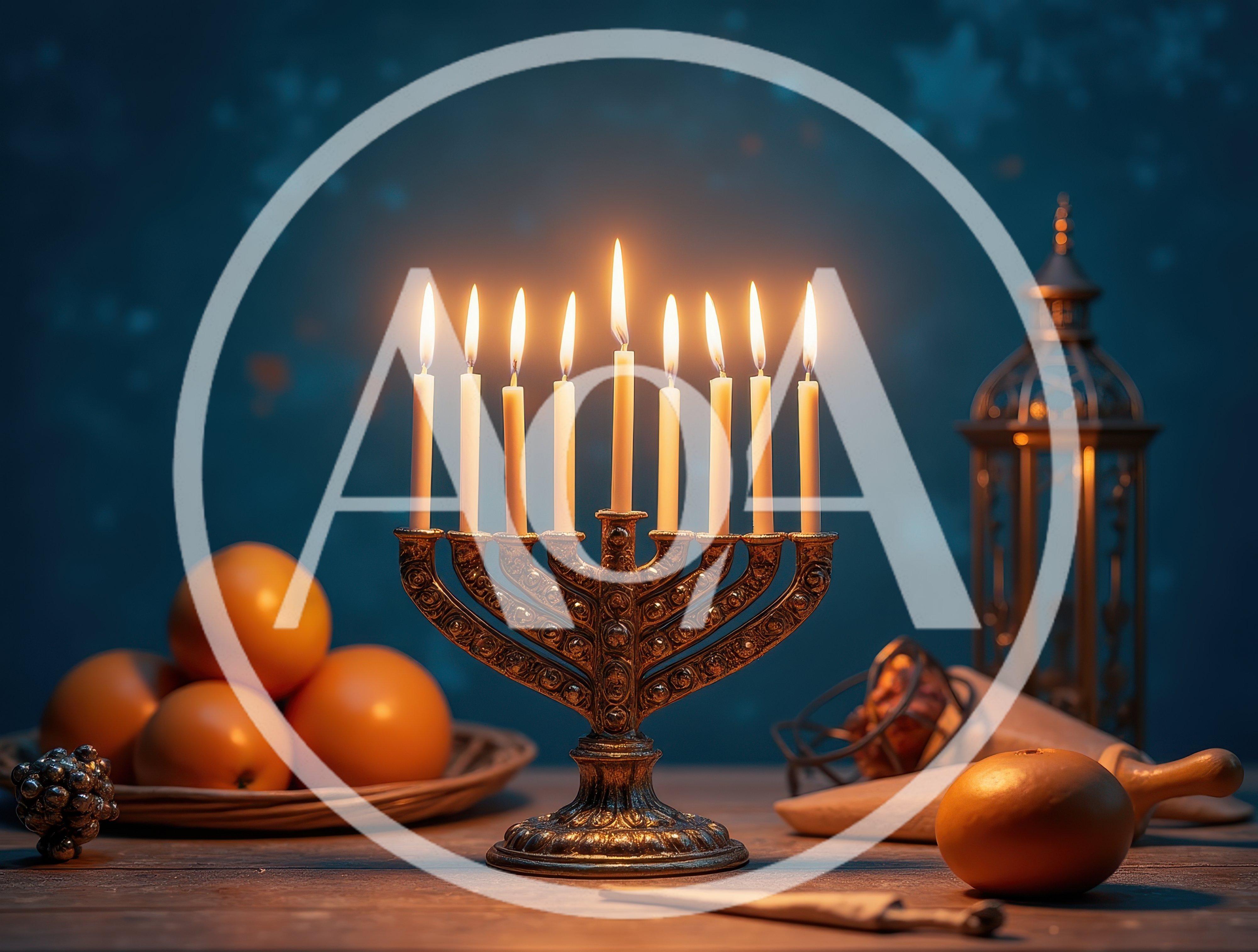 Lit Menorah With Oranges On A Wooden Table