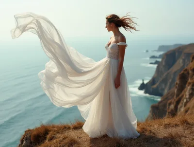 Bride Standing On A Coastal Cliff In A Flowing Dress