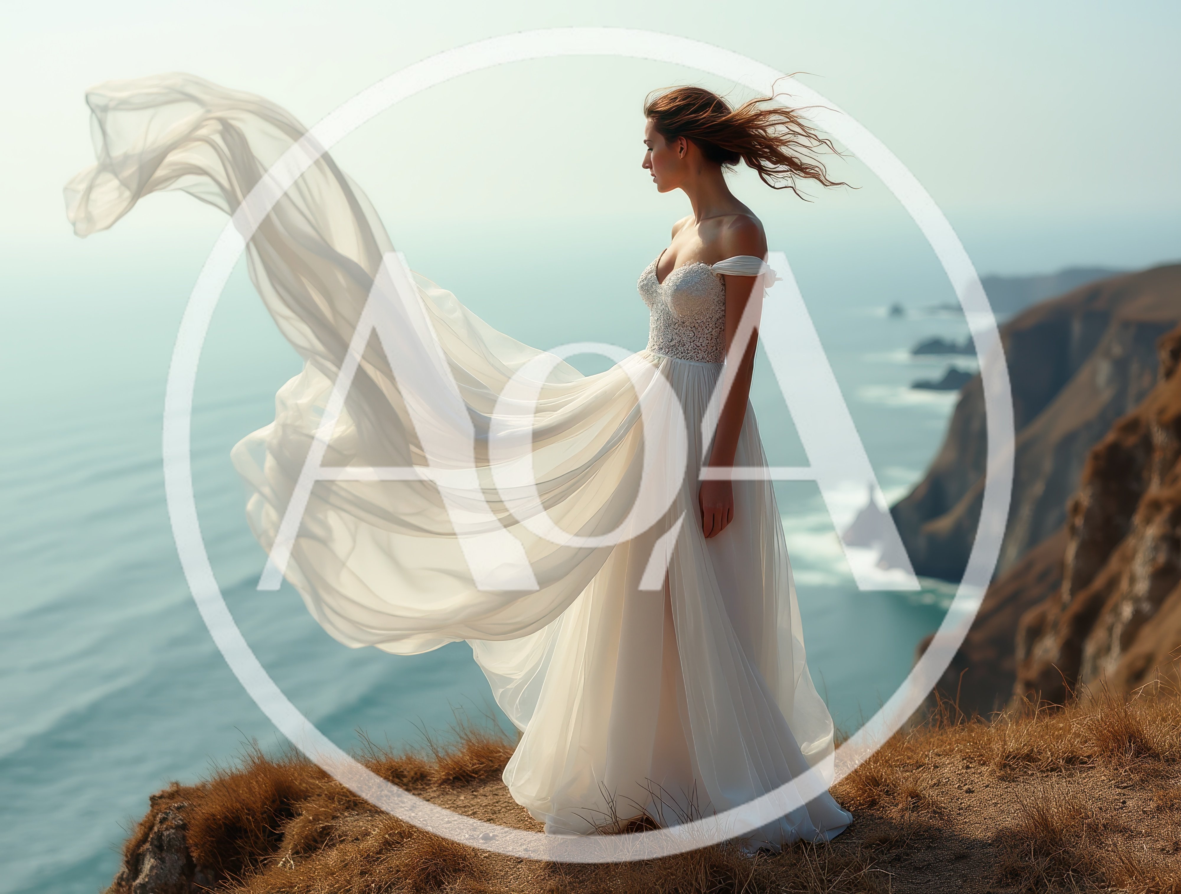 Bride Standing On A Coastal Cliff In A Flowing Dress