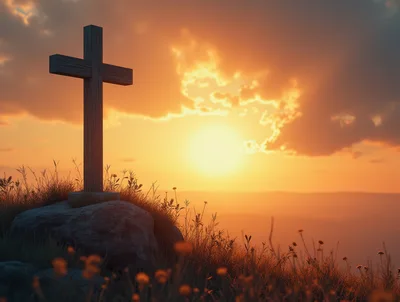 Wooden Cross Standing On A Hill At Sunset