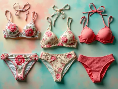 Three Sets Of Floral And Solid Bikini Swimwear