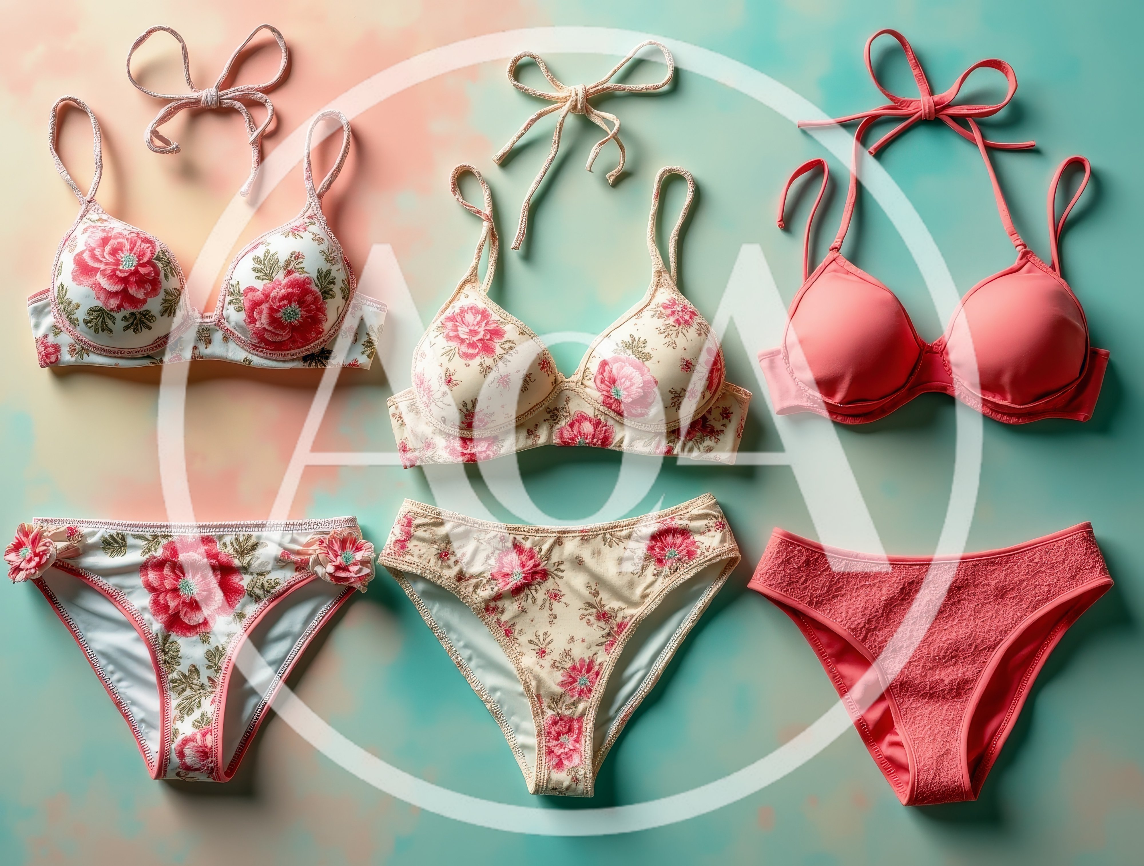 Three Sets Of Floral And Solid Bikini Swimwear