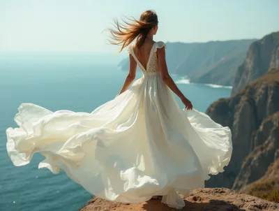 Bride Standing On A Cliff Overlooking The Ocean
