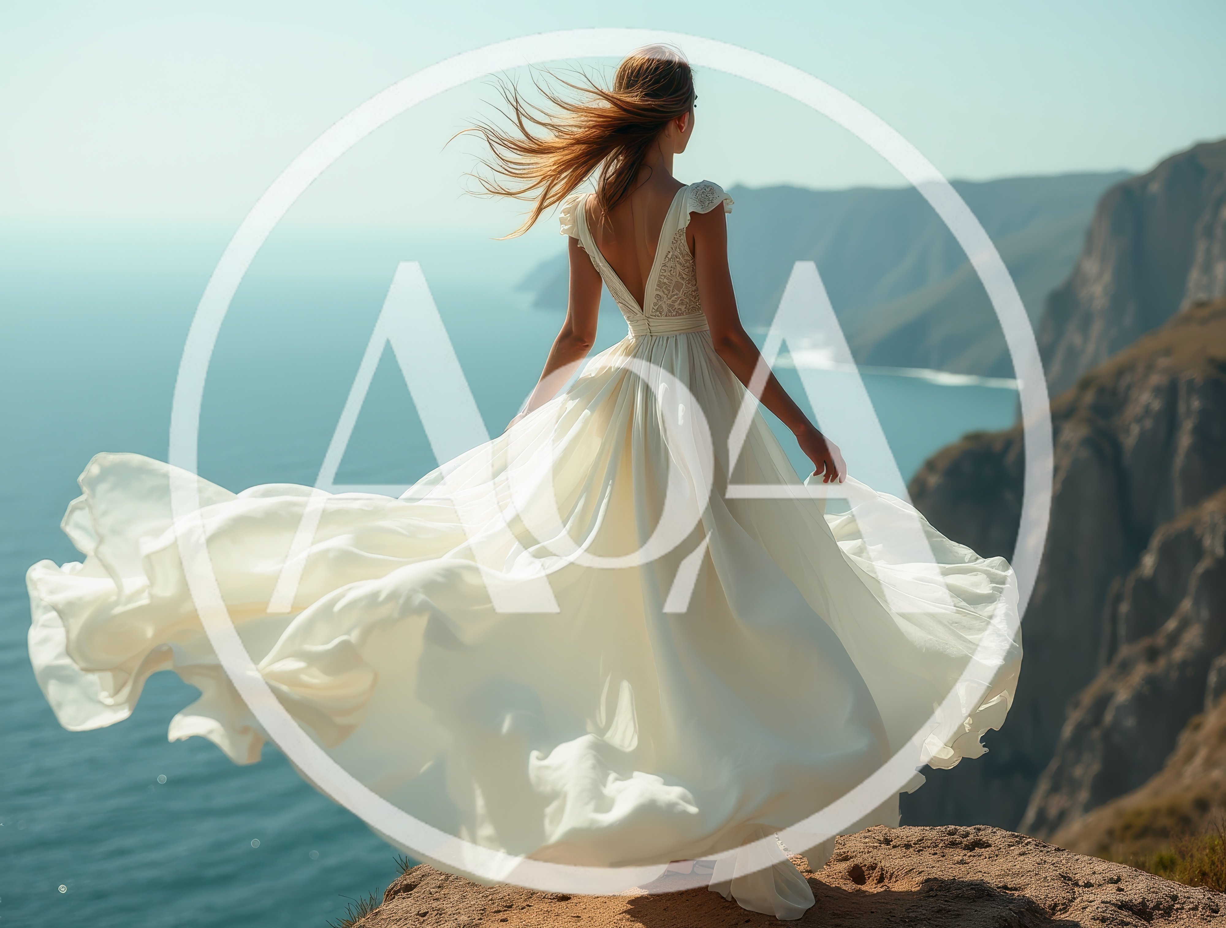 Bride Standing On A Cliff Overlooking The Ocean