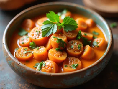Bowl Of Sliced Carrot Soup With Fresh Parsley