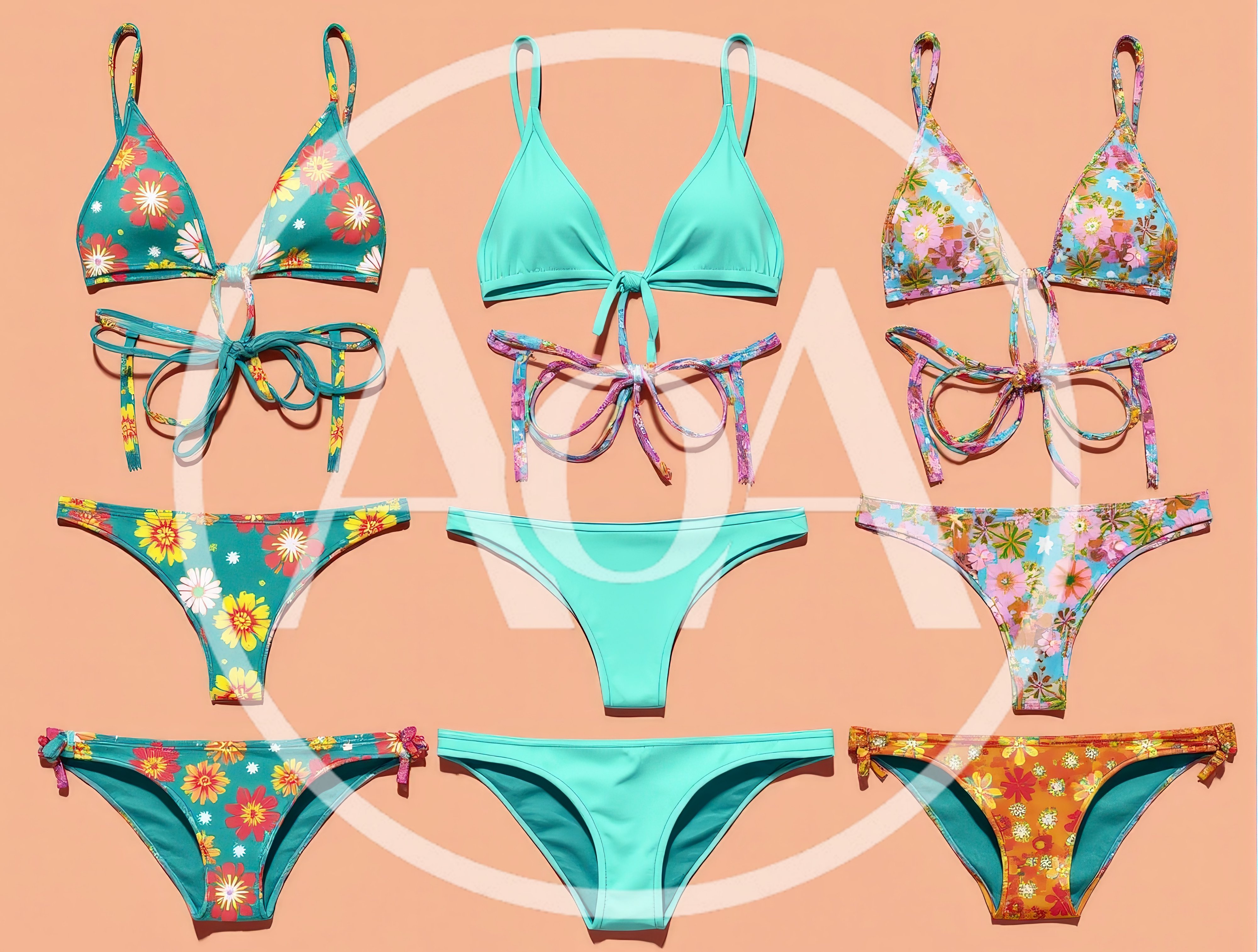 Flat Lay Collection Of Colorful Floral And Solid Bikinis