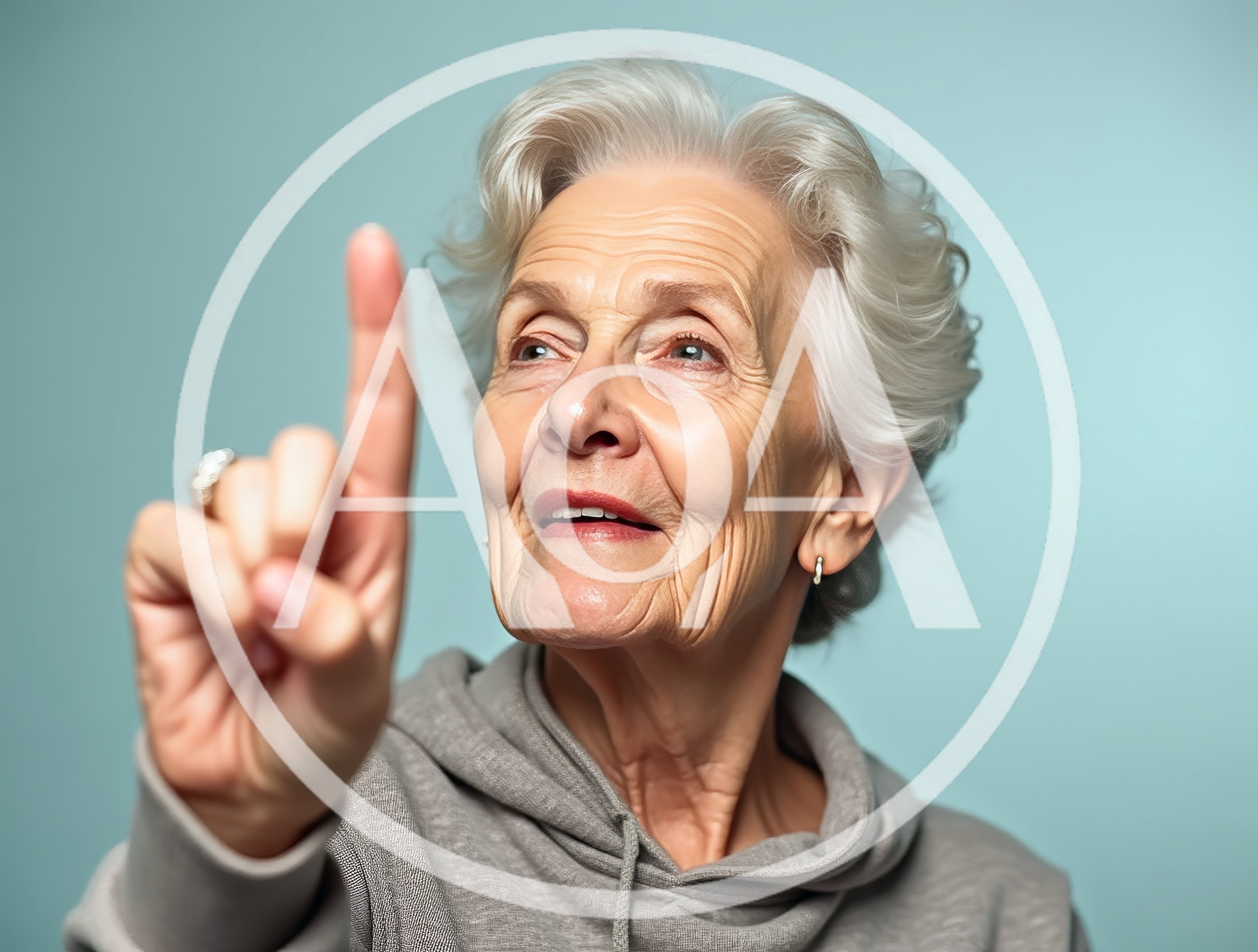 Senior Woman Pointing Upwards Against Blue Background
