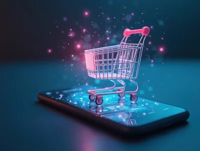 Miniature Shopping Cart Floating Above A Smartphone Screen