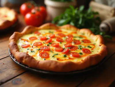 Freshly Baked Tomato Pizza On A Wooden Table
