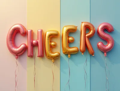 Metallic Foil Balloons Spelling Cheers Against Pastel Background