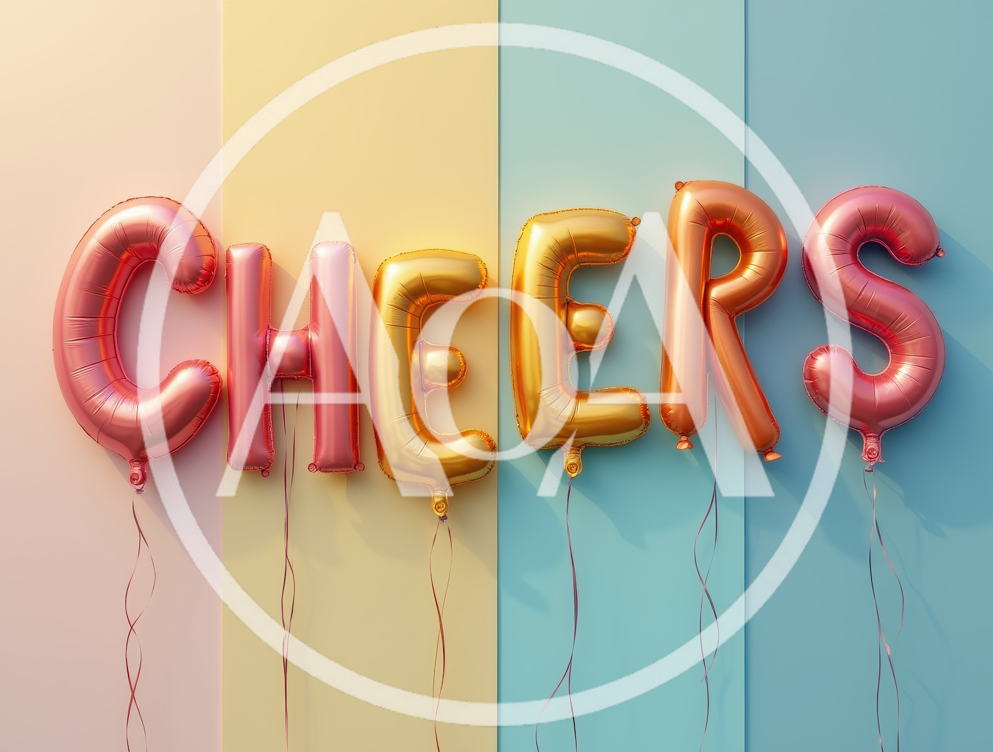 Metallic Foil Balloons Spelling Cheers Against Pastel Background
