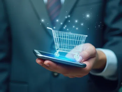 Businessman Holding Smartphone With Digital Shopping Cart Hologram