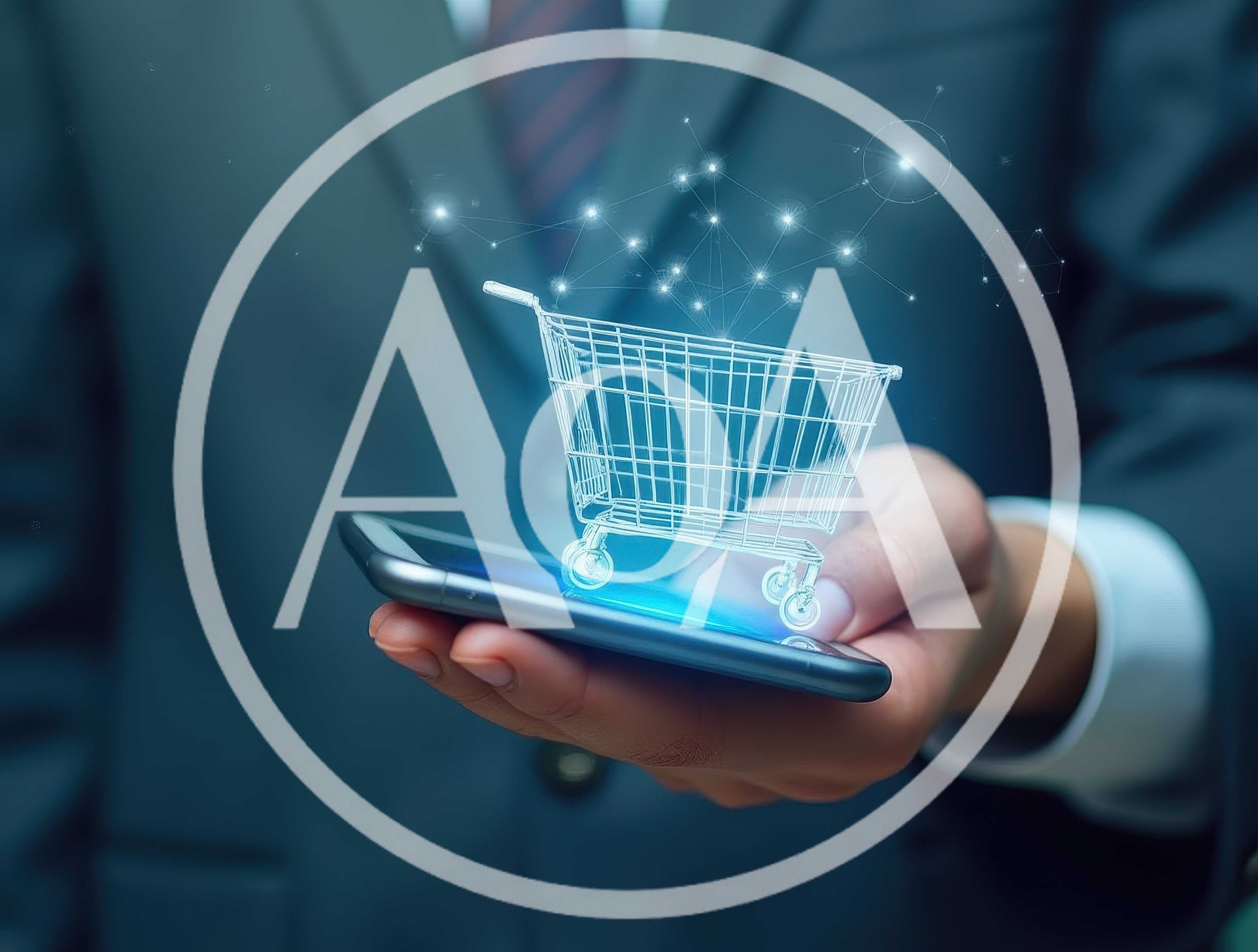 Businessman Holding Smartphone With Digital Shopping Cart Hologram