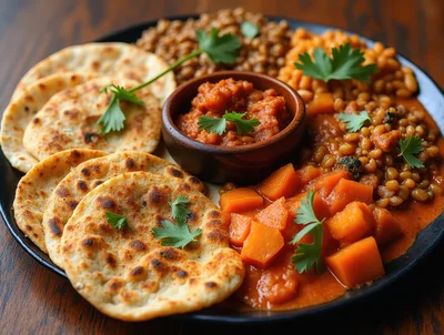 Indian Platter With Flatbread And Vegetable Curry