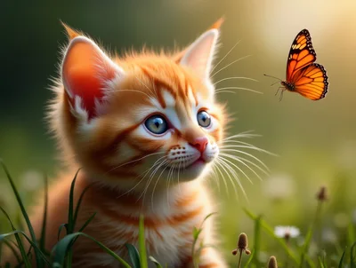 Cute Ginger Kitten Watching A Monarch Butterfly
