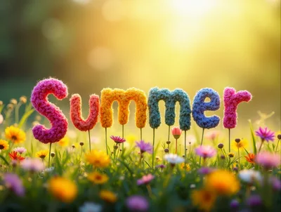 Colorful Fuzzy Summer Text Floating Over Wildflower Meadow