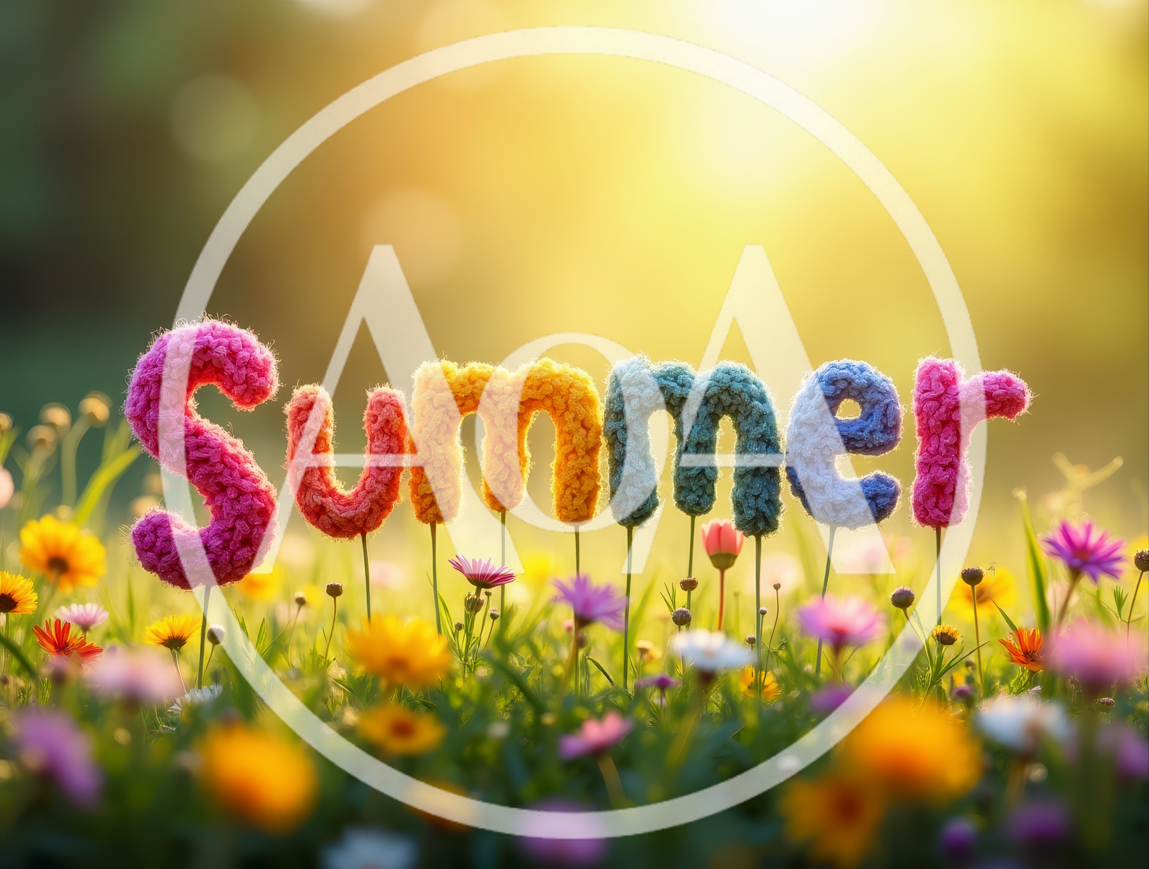 Colorful Fuzzy Summer Text Floating Over Wildflower Meadow