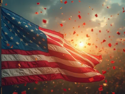 American Flag Waving With Falling Red Confetti