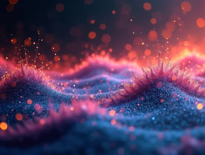 Abstract Microscopic Landscape With Glowing Pink And Blue Particles