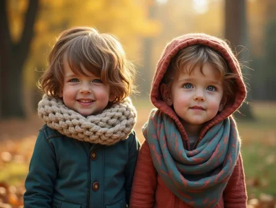 Two Young Children Wearing Winter Clothing In Autumn Park