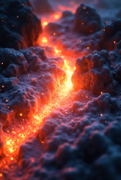 Glowing Molten Lava Flowing Through Dark Volcanic Rock
