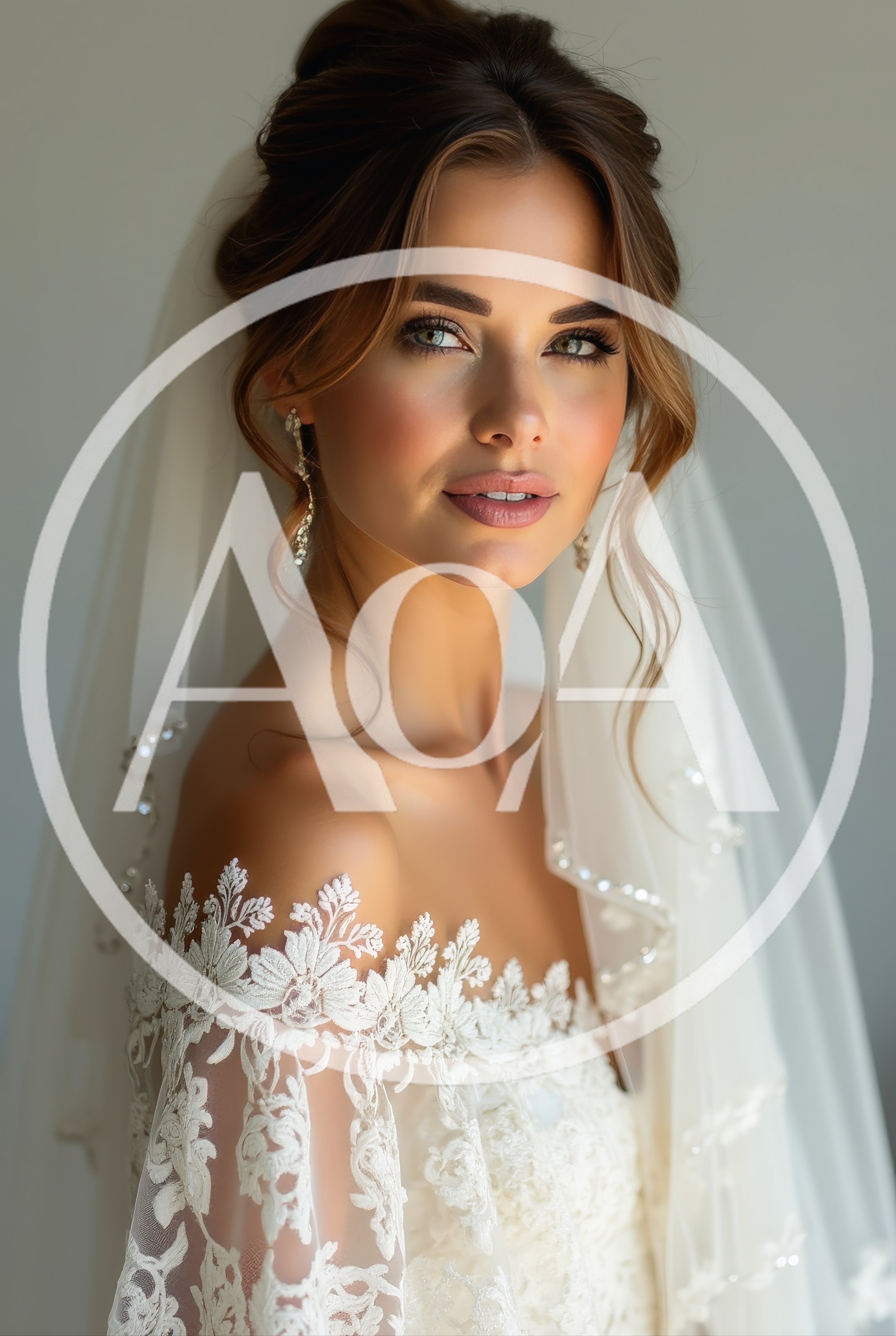 Beautiful Bride With Elegant Lace Wedding Dress And Veil