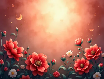 Red Dahlia Flowers Against A Dreamy Sunset Sky