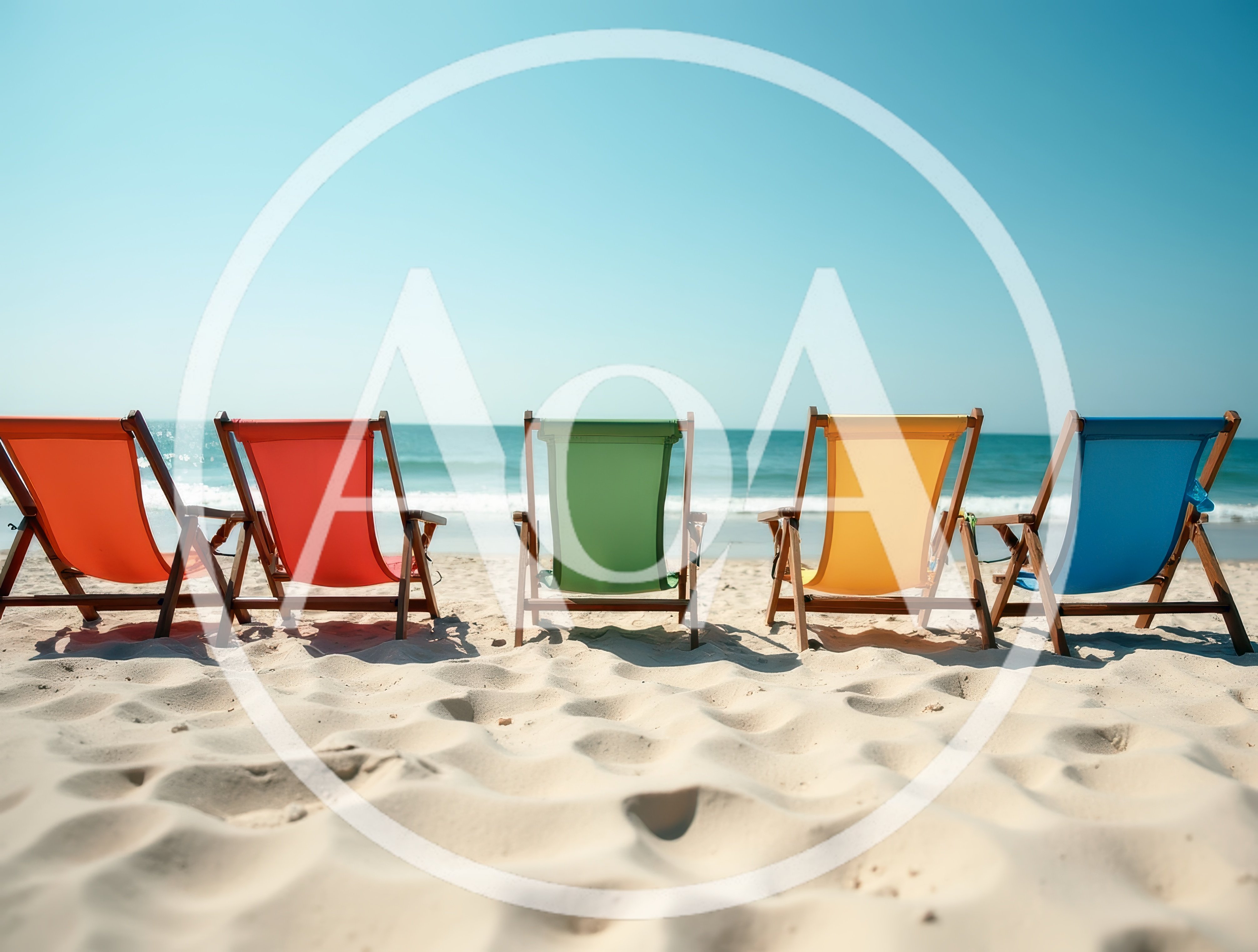 Five Colorful Beach Chairs On Sandy Shore