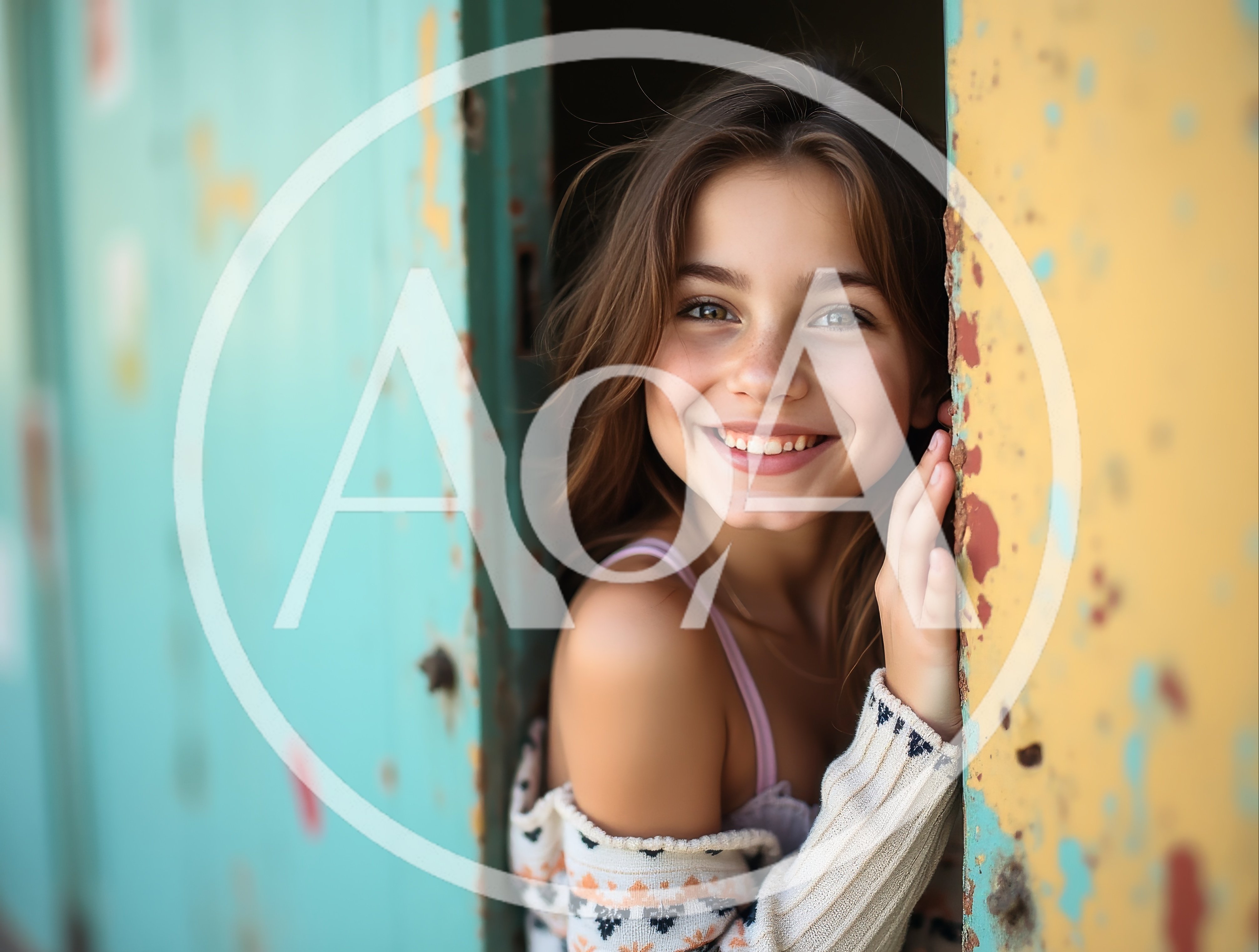 Smiling Young Girl Peeking Through A Colorful Doorway