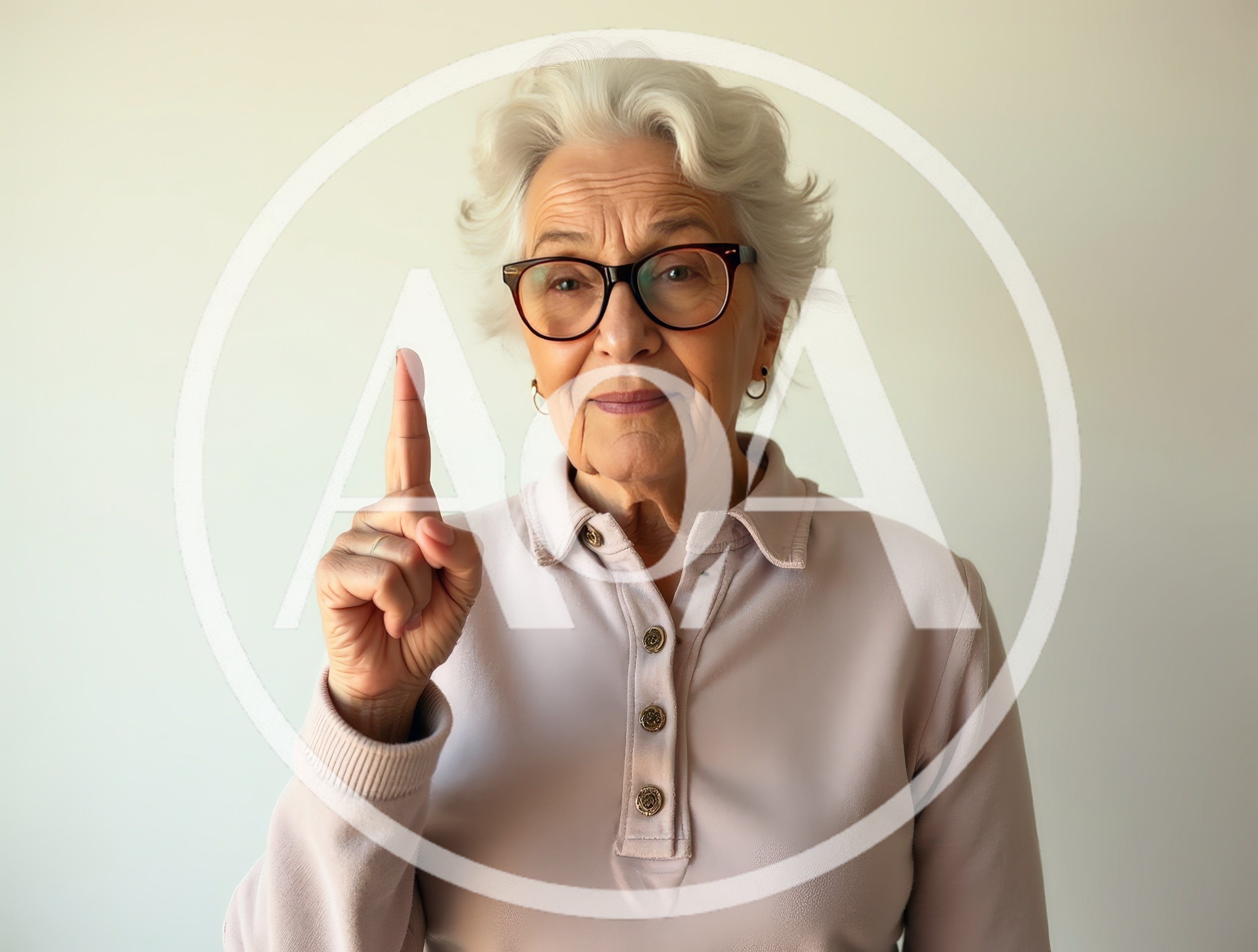 Senior Woman Pointing Upward With A Serious Expression
