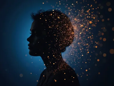 Silhouette Of A Woman Dissolving Into Golden Particles