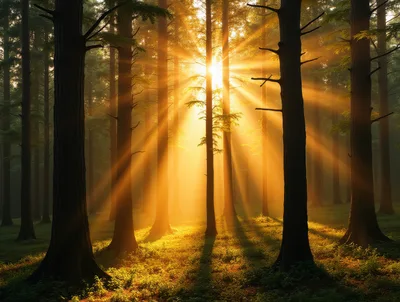 Golden Sunbeams Piercing Through Dense Forest Trees