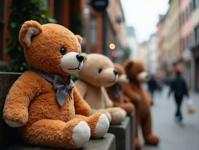 Row Of Teddy Bears Sitting On A City Street