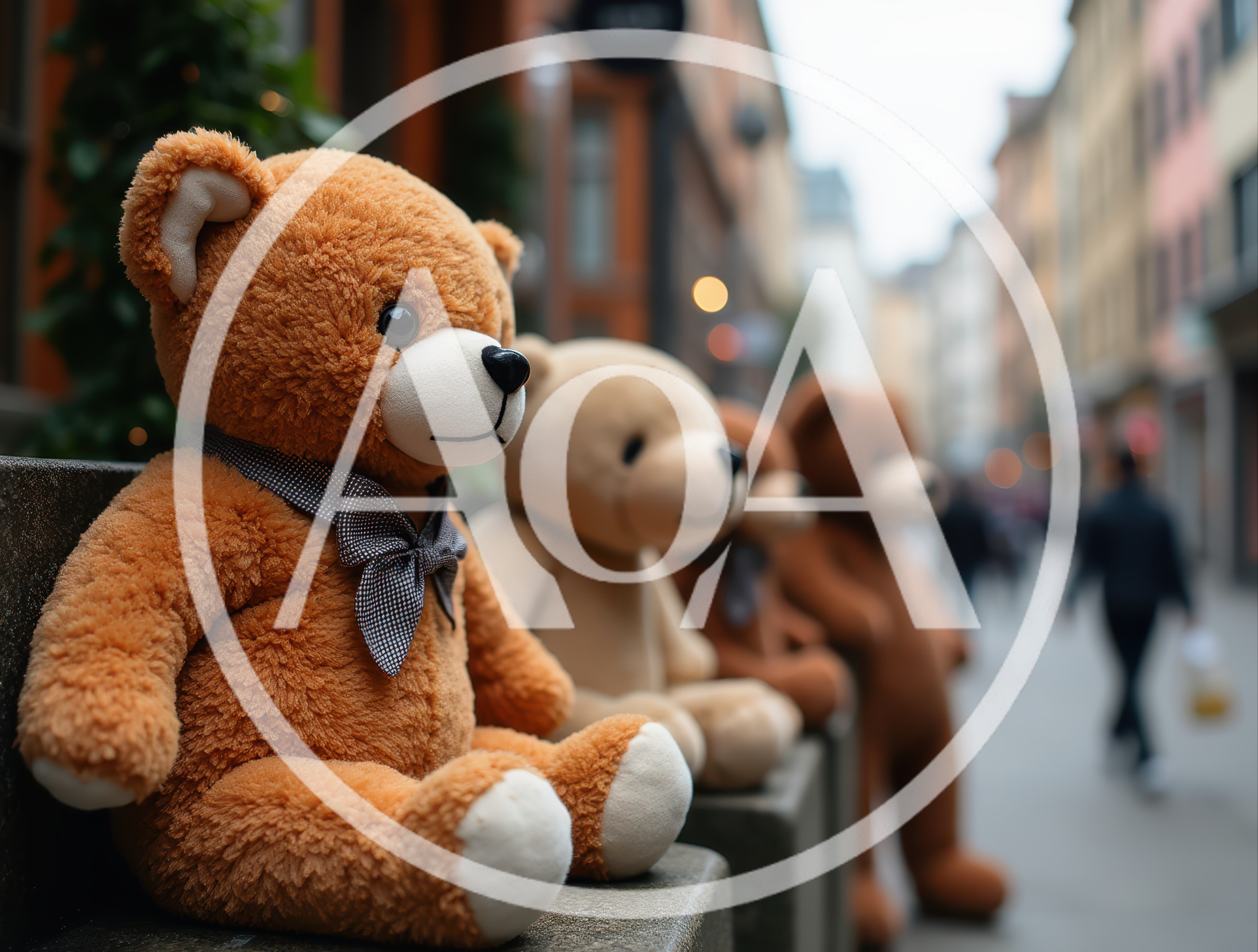 Row Of Teddy Bears Sitting On A City Street
