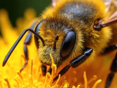 Macro Close Up Of A Honey Bee On A Flower