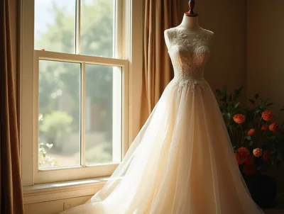 Elegant Wedding Dress On Mannequin By Window