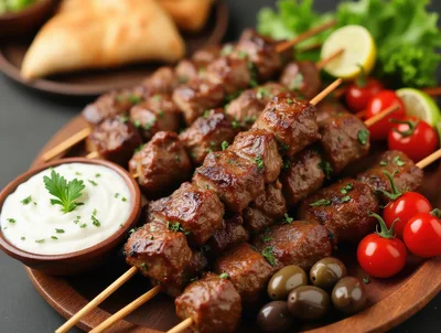 Grilled Beef Skewers With Dipping Sauce And Vegetables