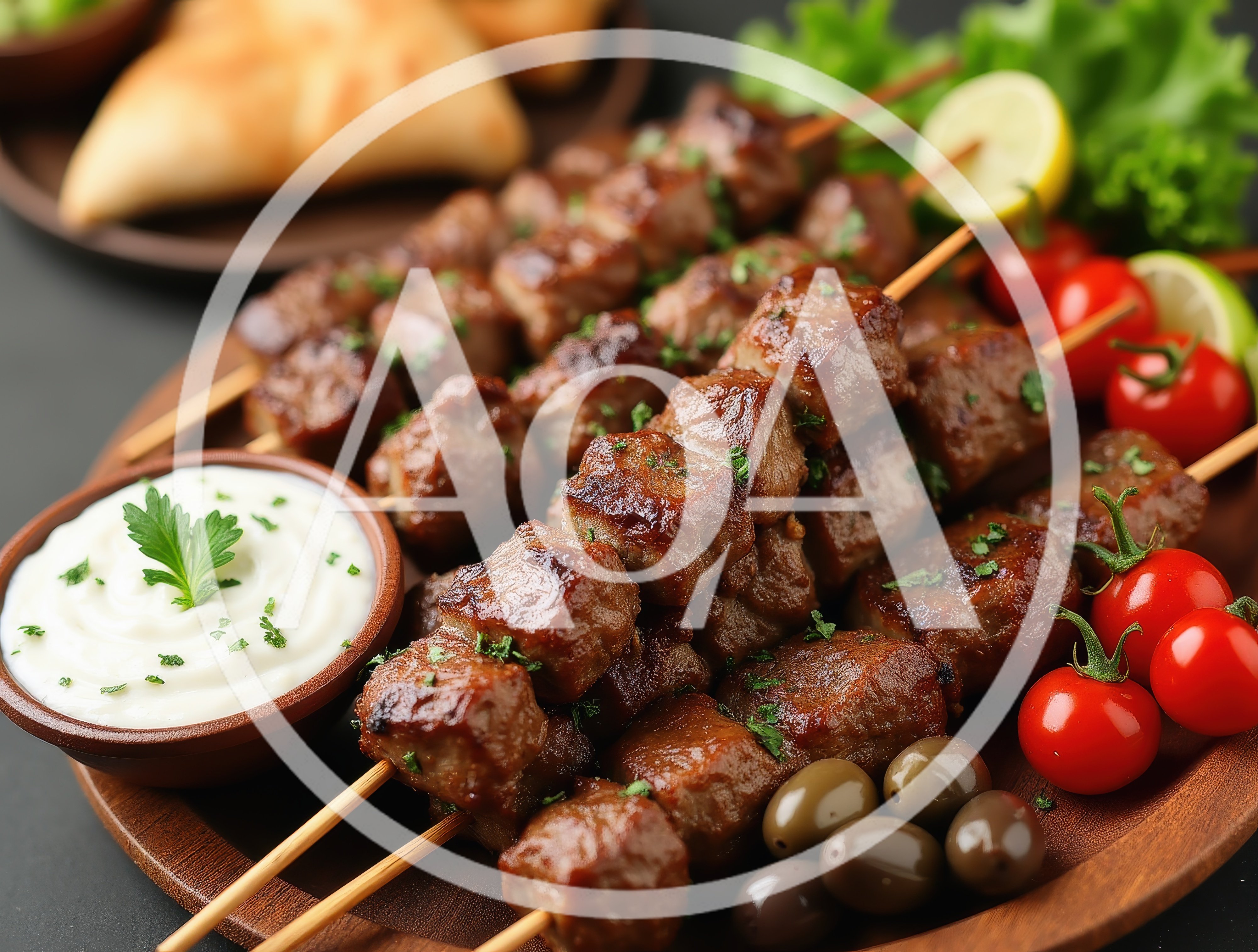 Grilled Beef Skewers With Dipping Sauce And Vegetables