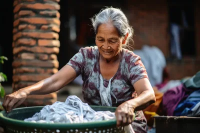 Elderly Asian Woman Sorting Laundry In A Basket