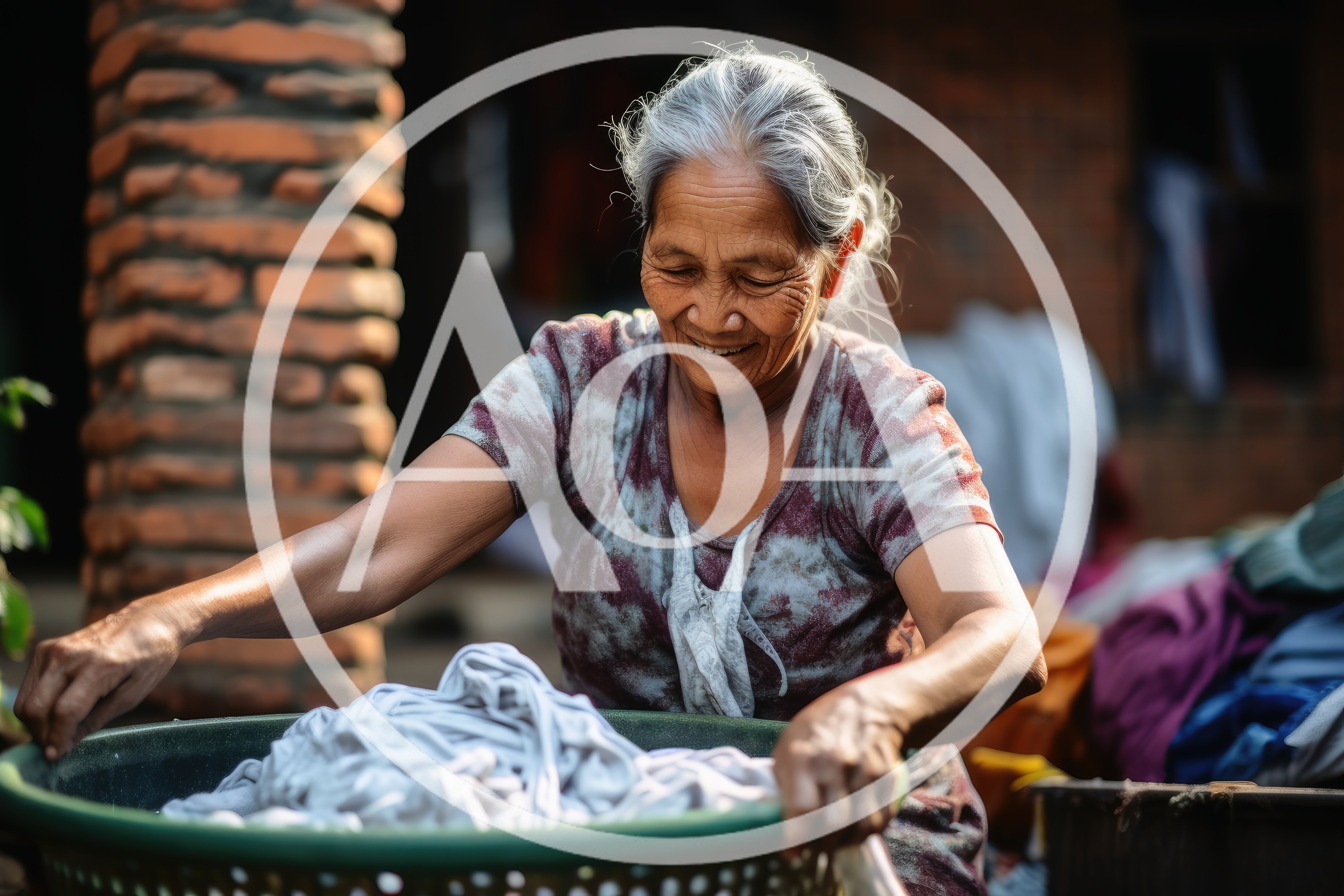 Elderly Asian Woman Sorting Laundry In A Basket
