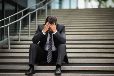 Stressed Businessman Sitting On Outdoor Office Stairs