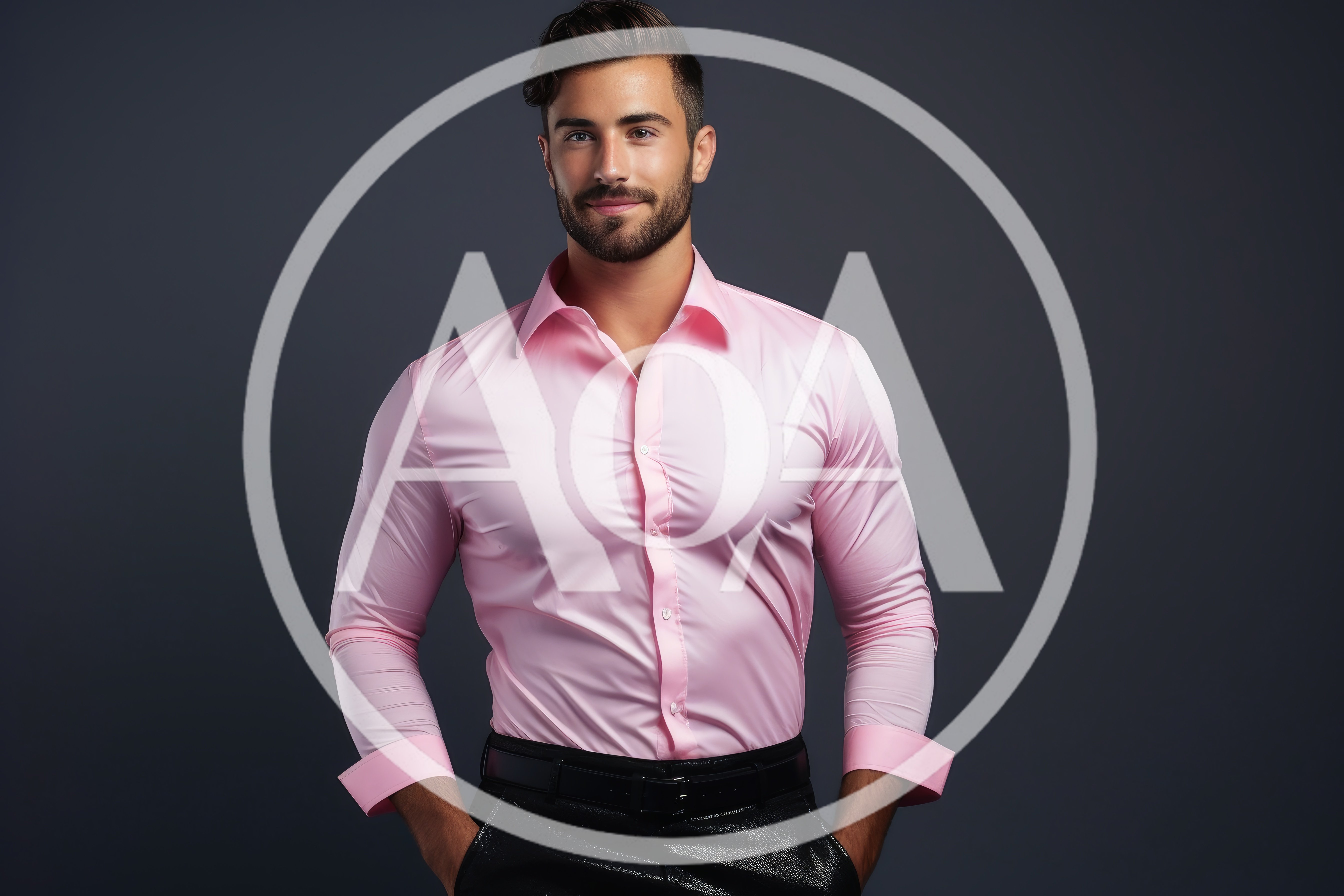 Handsome Man In Pink Shirt Posing Against Dark Background