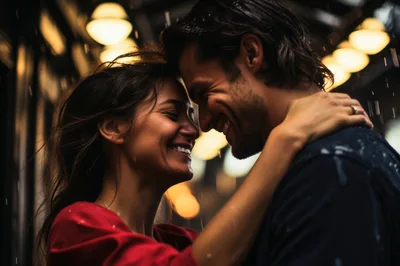 Happy Couple Embracing Under Rain at Night